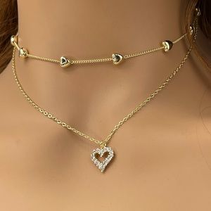 Gold heart shaped diamond layered necklace choker clavicle dainty 16”